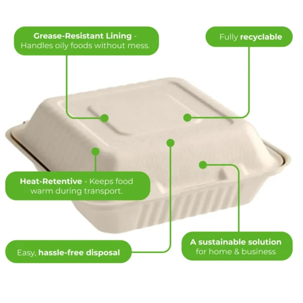 EWLW Bagasse Clamshell Container 9x9 3 Section 2